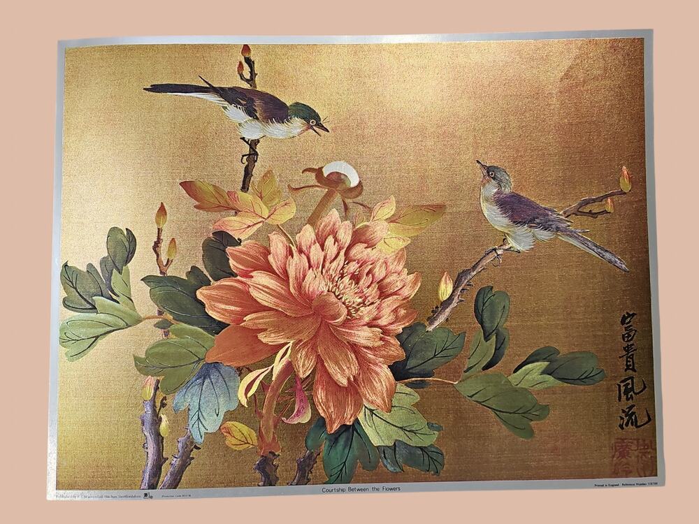 Dufex Foil Art Print Floral Birds Metallic Gold 16.5 x 12.5 Chinoiserie